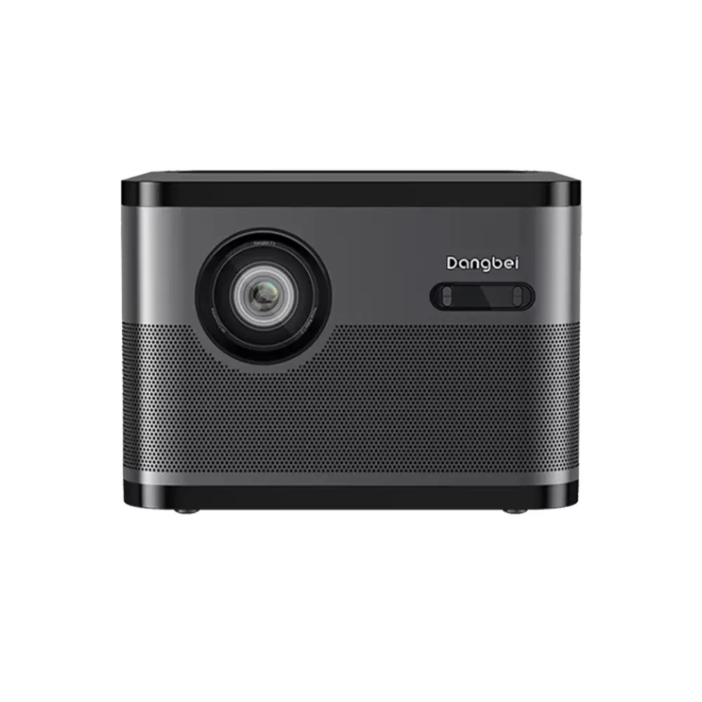 A sleek, dark grey Dangbei F3 4K smart projector is shown from the front, highlighting its lens and speaker grille texture on a plain background.
