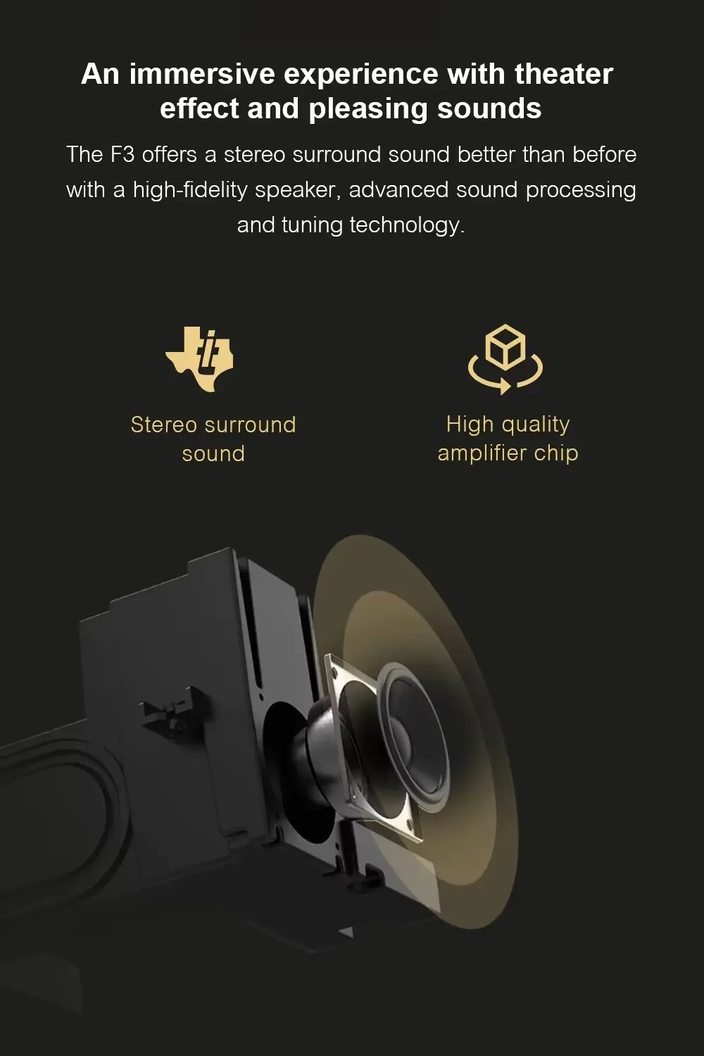 A sleek, dark grey Dangbei F3 4K smart projector is shown from the front, highlighting its lens and speaker grille texture on a plain background.