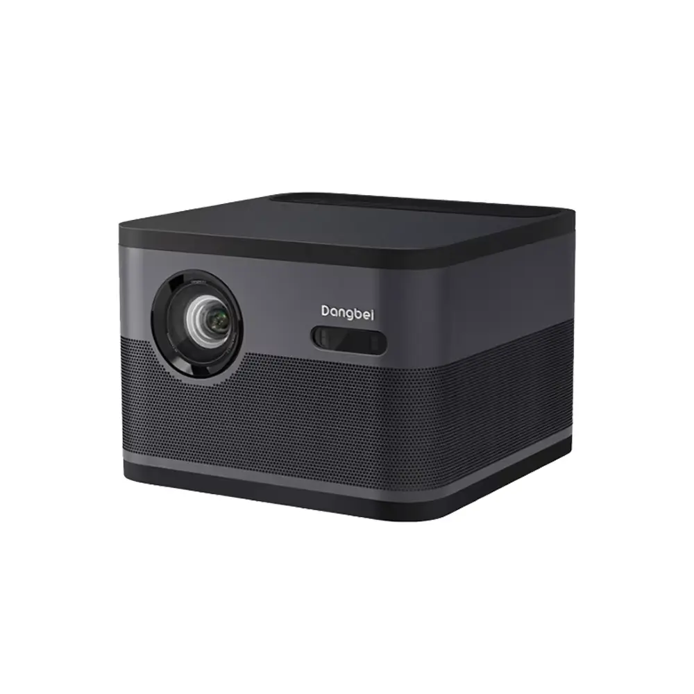 A sleek, dark grey Dangbei F3 4K smart projector is shown from the front, highlighting its lens and speaker grille texture on a plain background.
